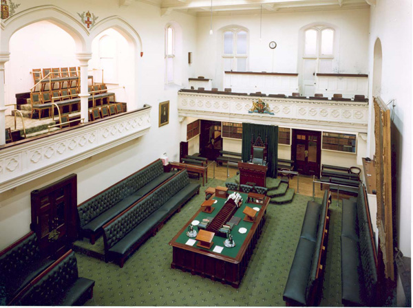 The Legislative Assembly Chamber in 1974, with white walls.