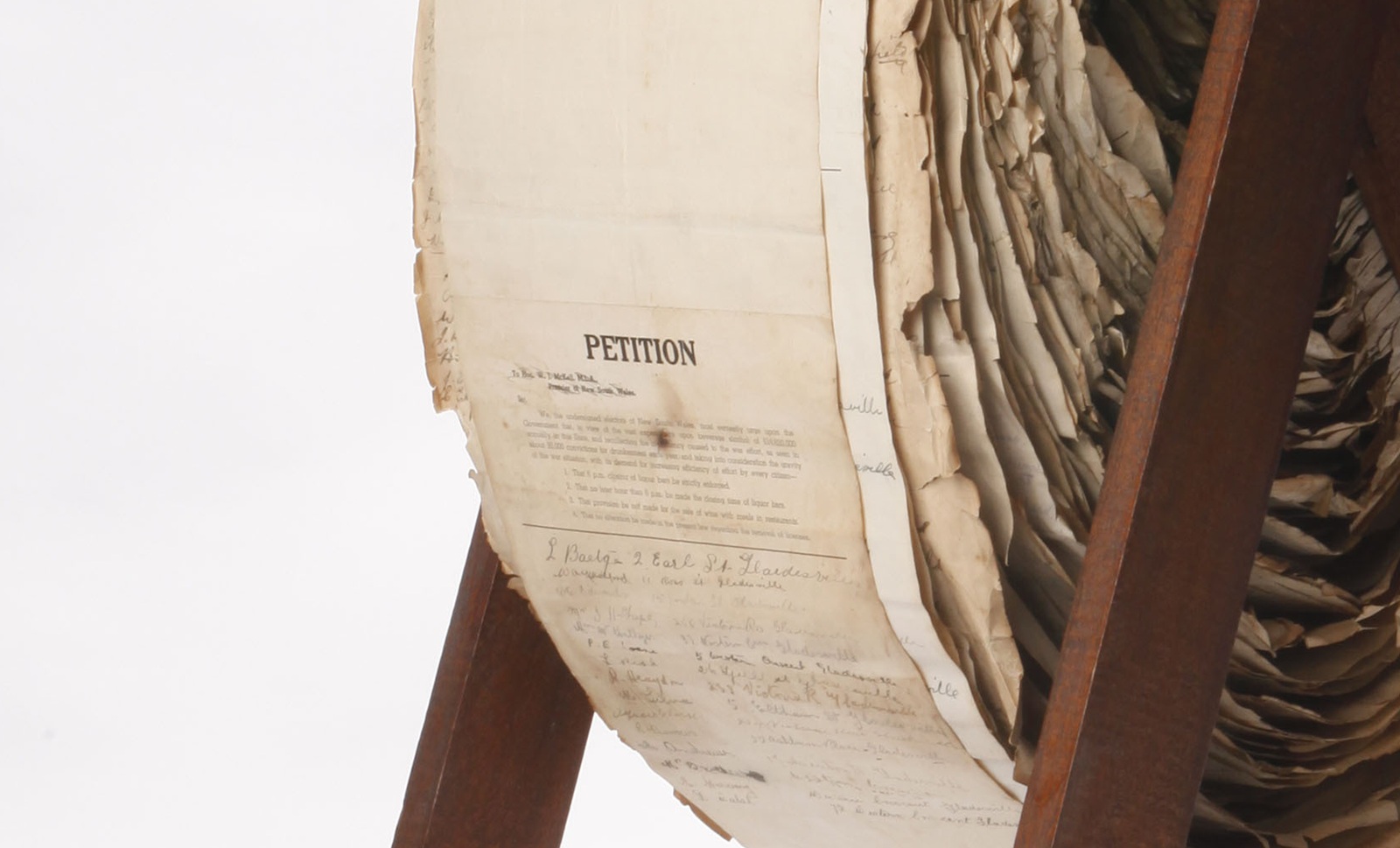 A photo of a historic paper petition wound on a surf life saving reel.
