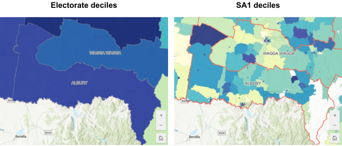 Two maps, one showing electorate deciles (larger areas than SA1s) and one showing SA1 deciles (smaller areas than electorates).