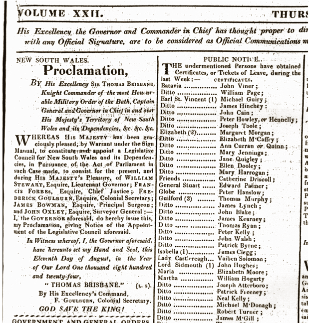 Governor Brisbane's proclamation of the Legislative Council for NSW in the Sydney Gazette, 1823