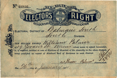 An elector's right issued for NSW in the 1890s: voters were required to show these at the time of voting 