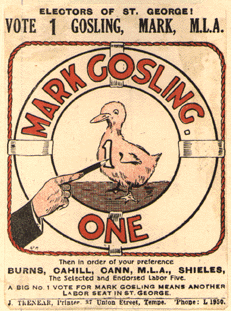 At the NSW elections of 1926, with a return to single member electorates, candidate Mark Gosling succeeded using a poster with a visual pun on his name