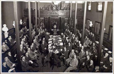 The Council Chamber in November 1933 showing the buttressing of the ceiling