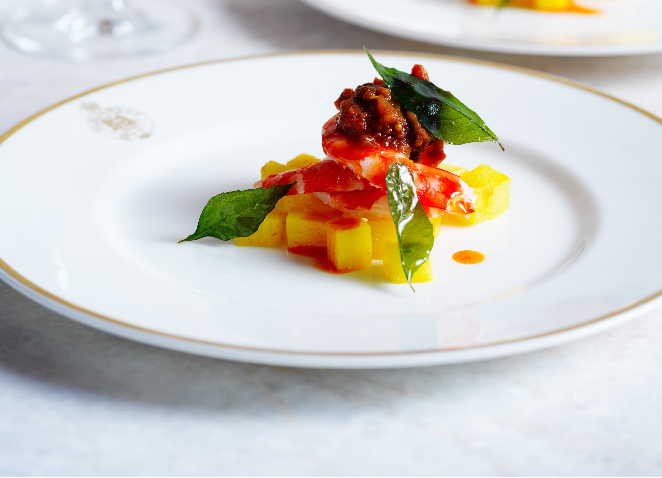 Image Entree Tamarind prawns tomato kasundi turmeric potatoes paprika oil crisp mustard leaf.png